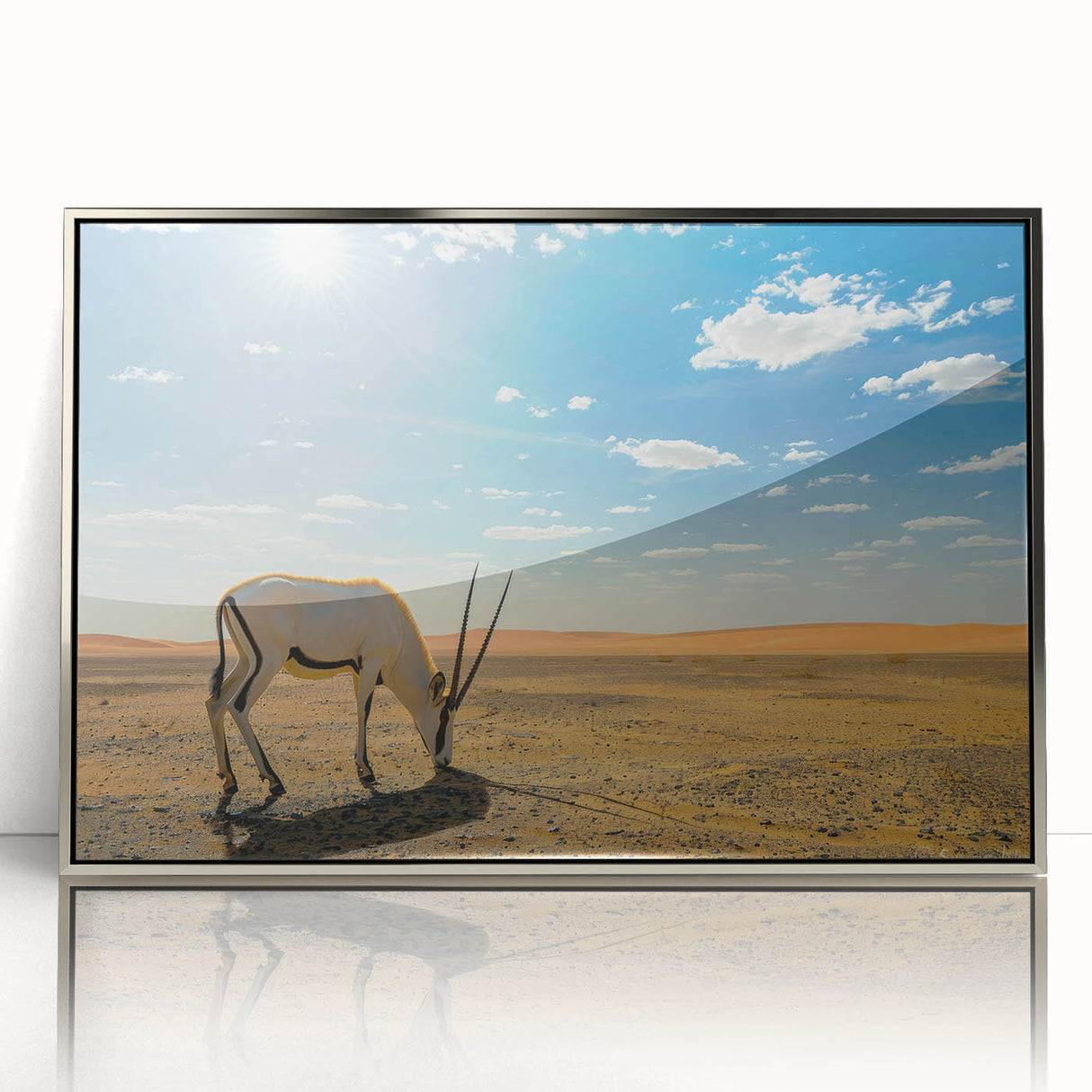 Mid-century modernist art depicting Omani scenery in silver acrylic frame, ideal for modern art wall decor.
