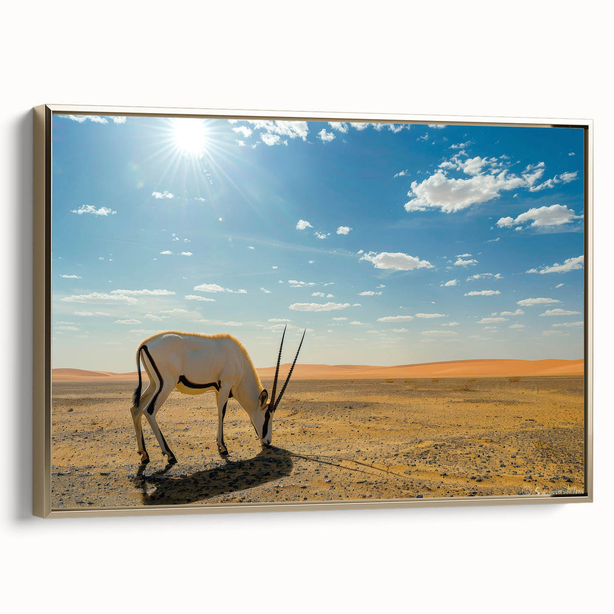Framed canvas featuring a vintage-style landscape painting of Oman with muted gold and black tones.