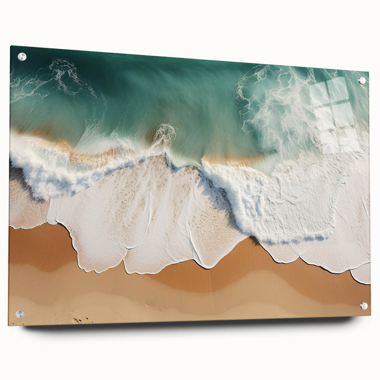 Large abstract oceanic scene in muted blue and turquoise on acrylic glass, suitable for bedroom or dining room decor.