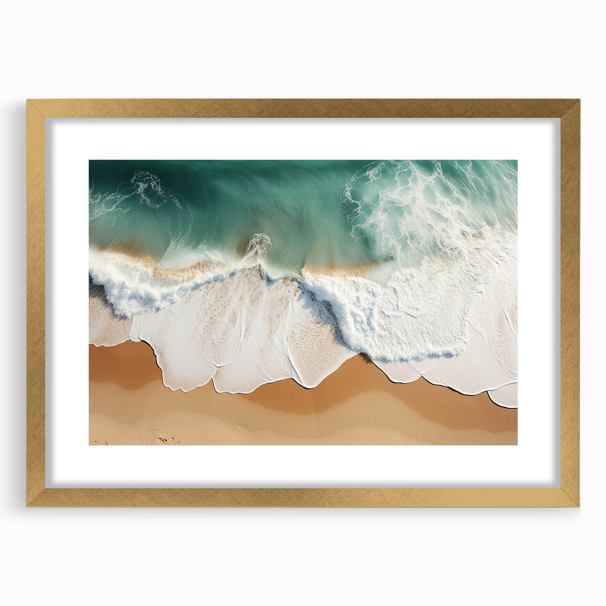 Extra large abstract art print depicting a textured oceanic scene in cool blue tones, framed in gold.