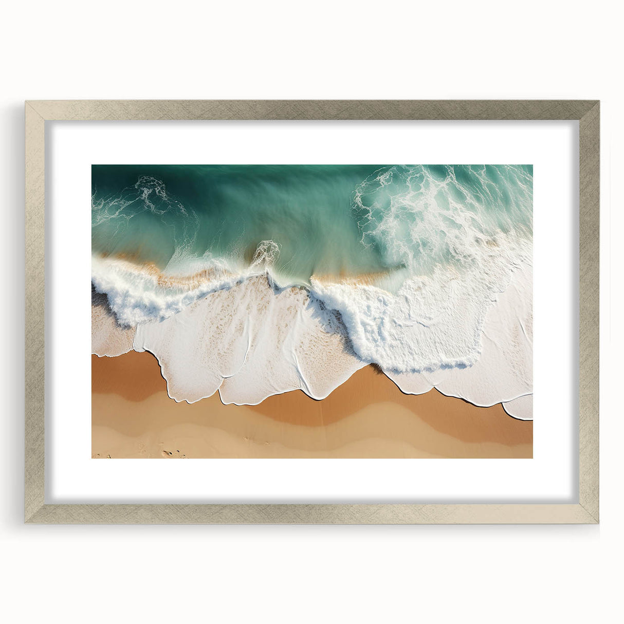 Textured abstract art print of an oceanic Fiji scenery in muted blue and green tones on a framed canvas.