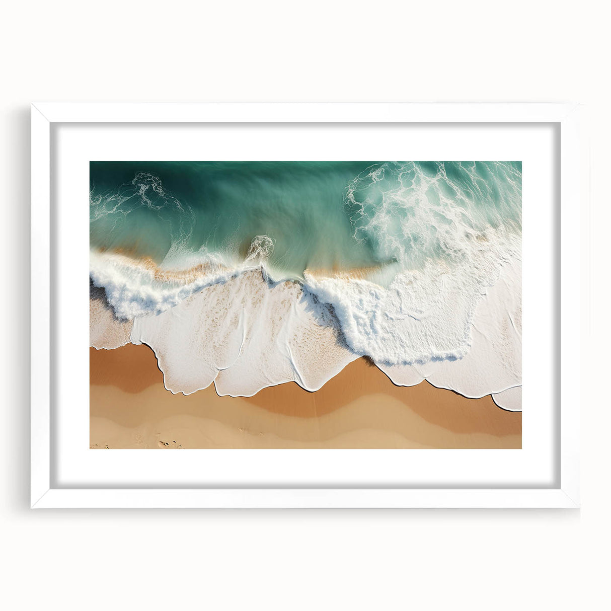 Abstract art print depicting a serene oceanic landscape in muted blue and green tones, framed with a white mat.