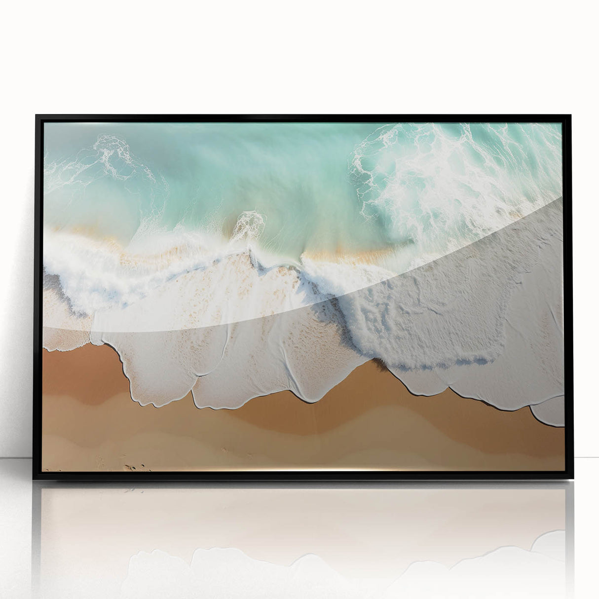 Large abstract wall art depicting a serene Fiji landscape in muted blue and green tones, framed in black acrylic.