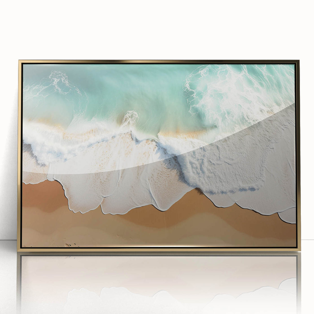 Large art print of a serene Fiji beach scene in muted blue and sand tones on a framed acrylic.