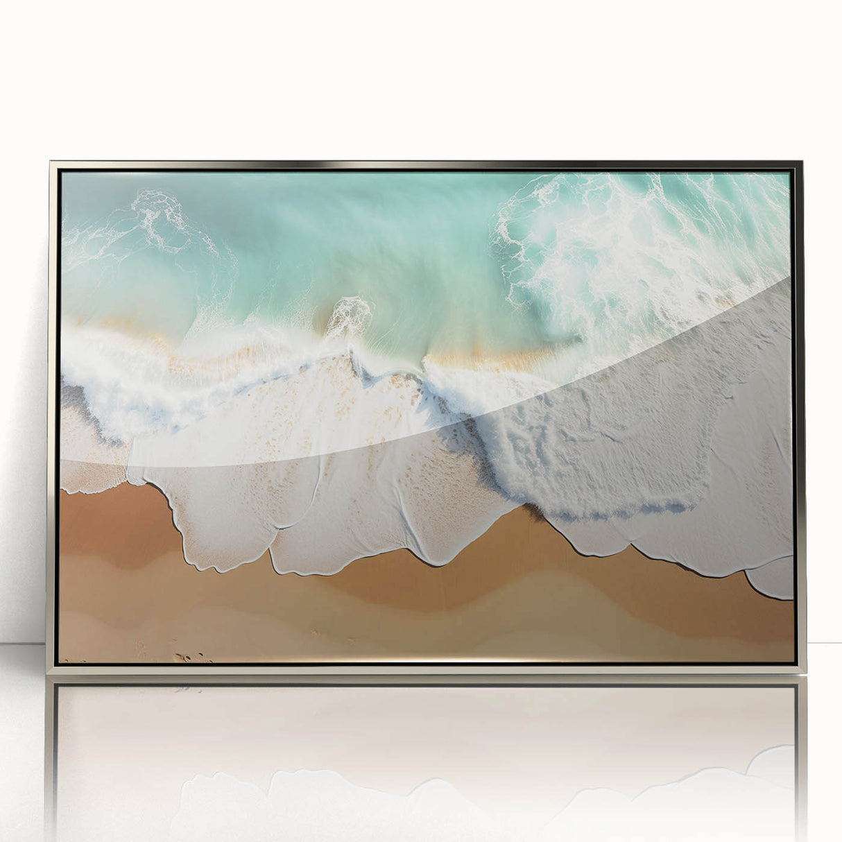 Mid-century modernist art of a serene Fiji landscape in cool blue and green tones, framed in acrylic.