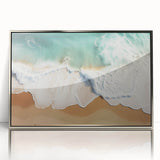 Mid-century modernist art of a serene Fiji landscape in cool blue and green tones, framed in acrylic.