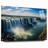Large abstract wall art of a South American landscape in vibrant hues on acrylic glass, ideal for dining room decor.