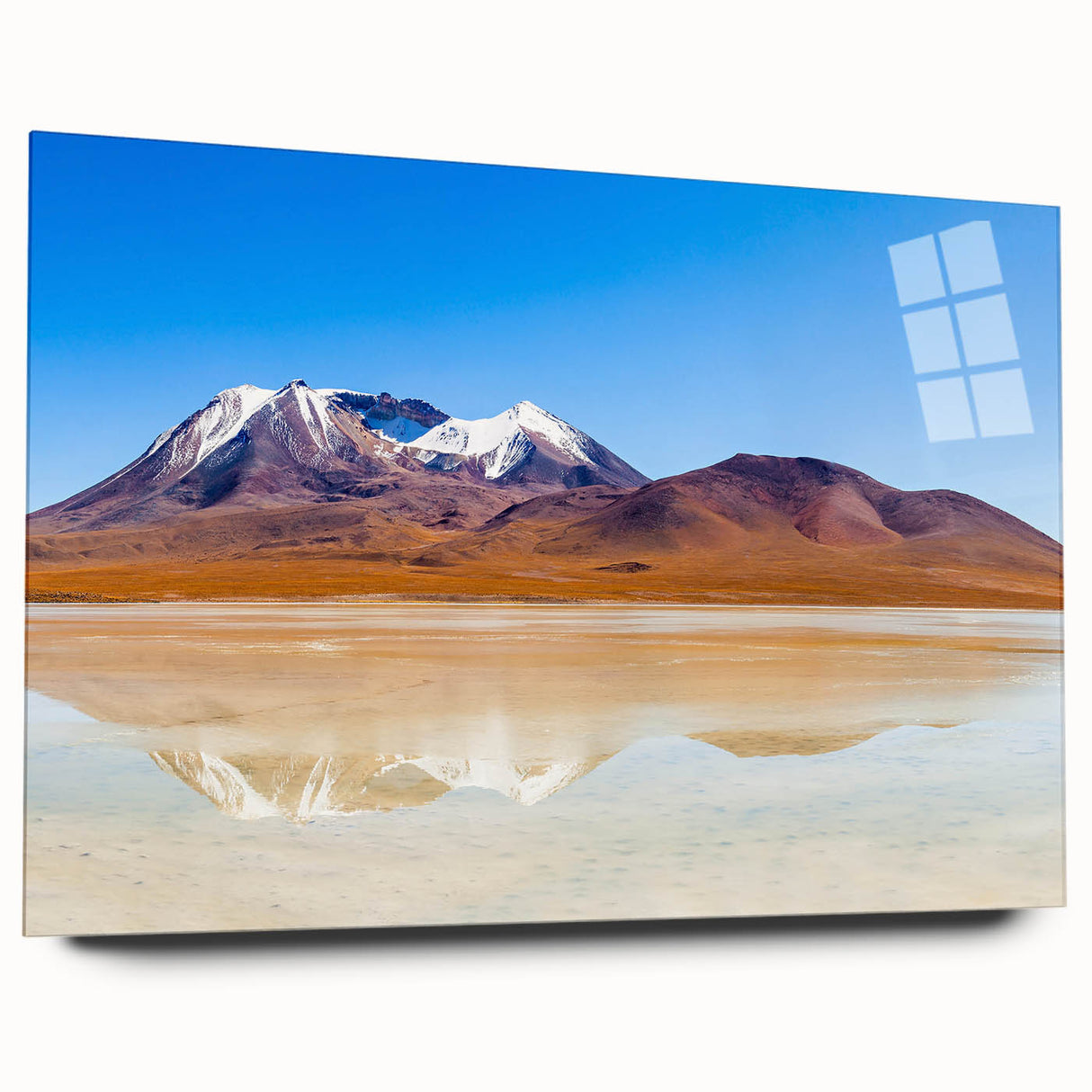 Large abstract wall art of a Bolivian landscape in vibrant earth tones on acrylic glass.