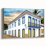Framed canvas of a vintage-style landscape painting featuring a colorful Brazilian scene, ideal for living room decor.