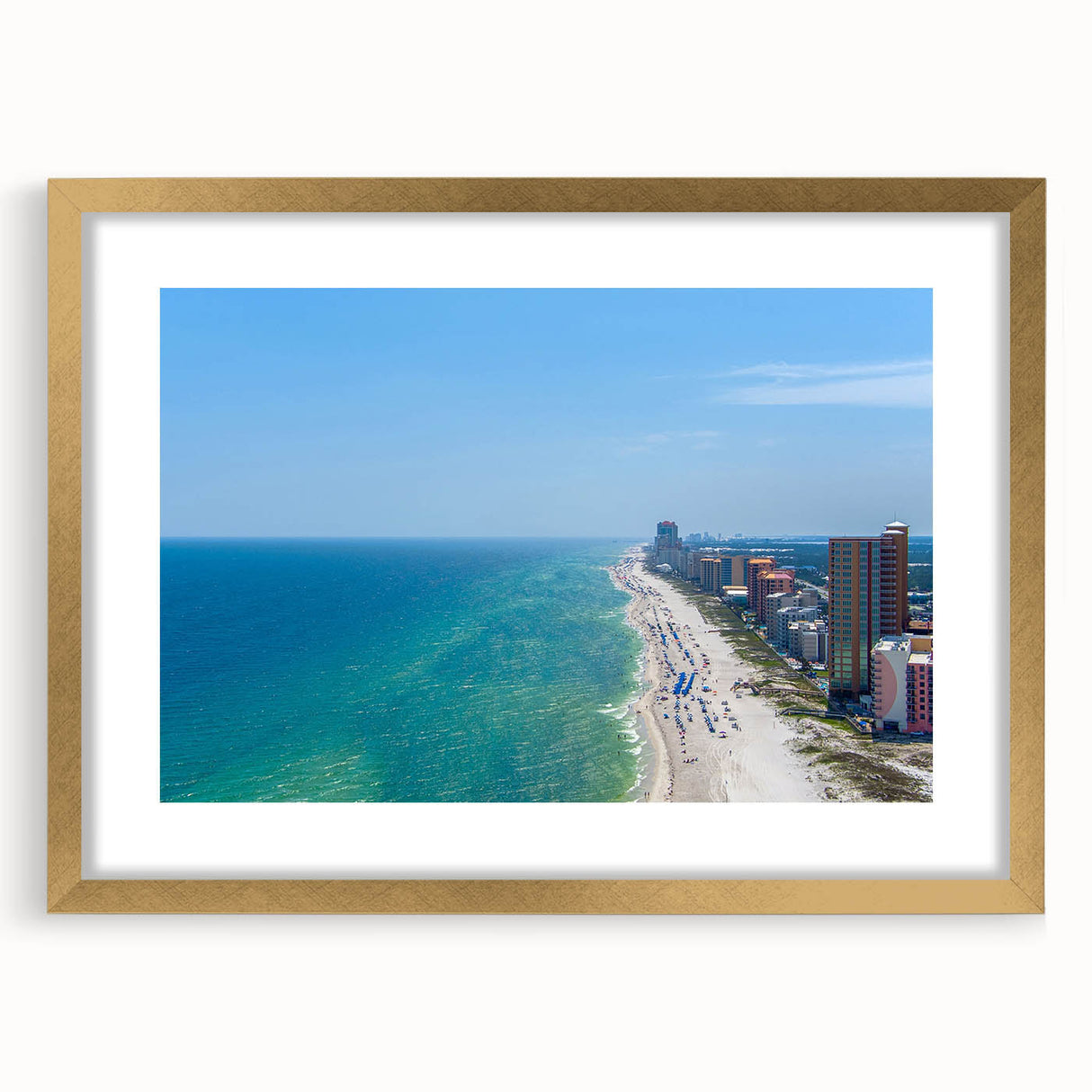 Extra large abstract art print of a textured Alabama scenery in muted earth tones, framed in gold.