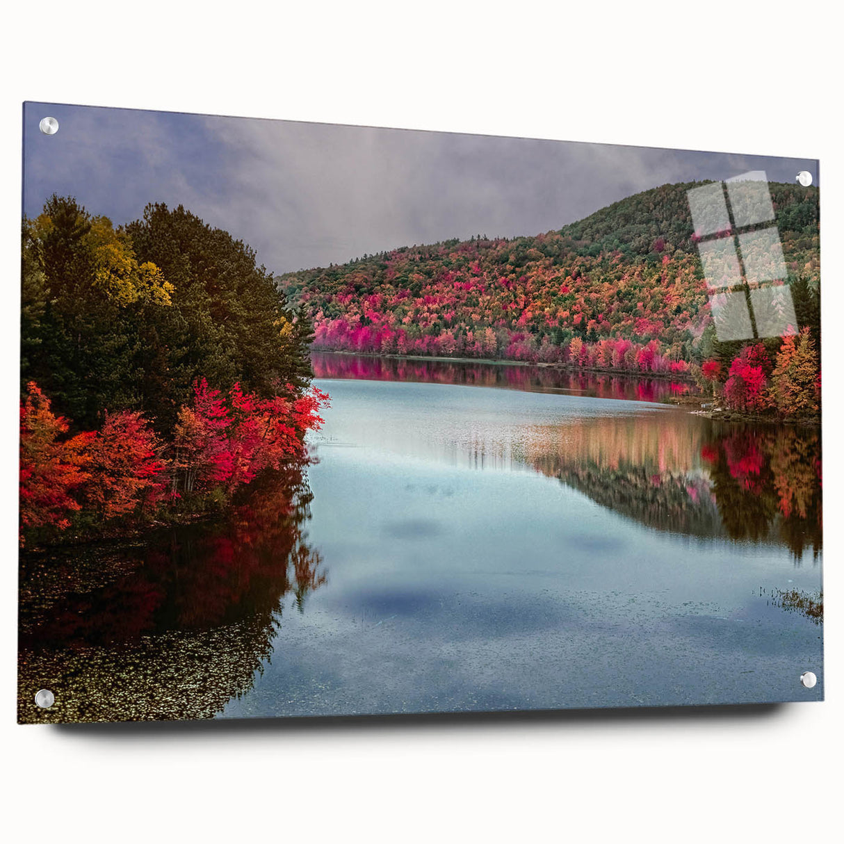 Large abstract wall art depicting a serene Connecticut landscape on acrylic glass, suitable for bedroom or dining room decor.