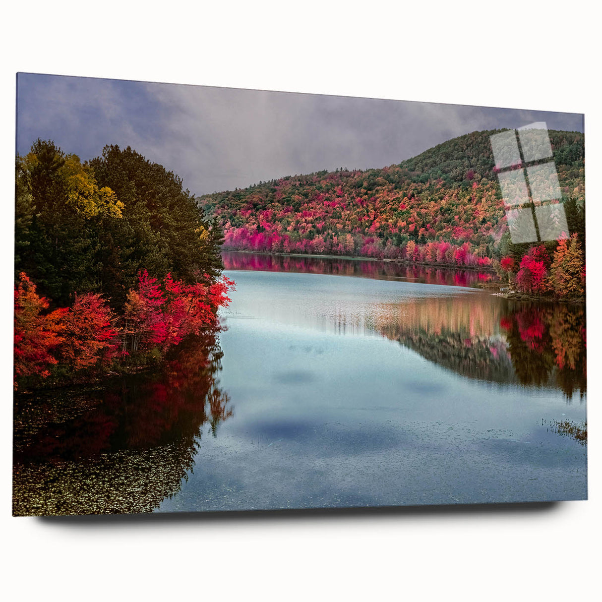 Large abstract wall art depicting a serene Connecticut landscape on acrylic glass, suitable for bedroom or dining room decor.