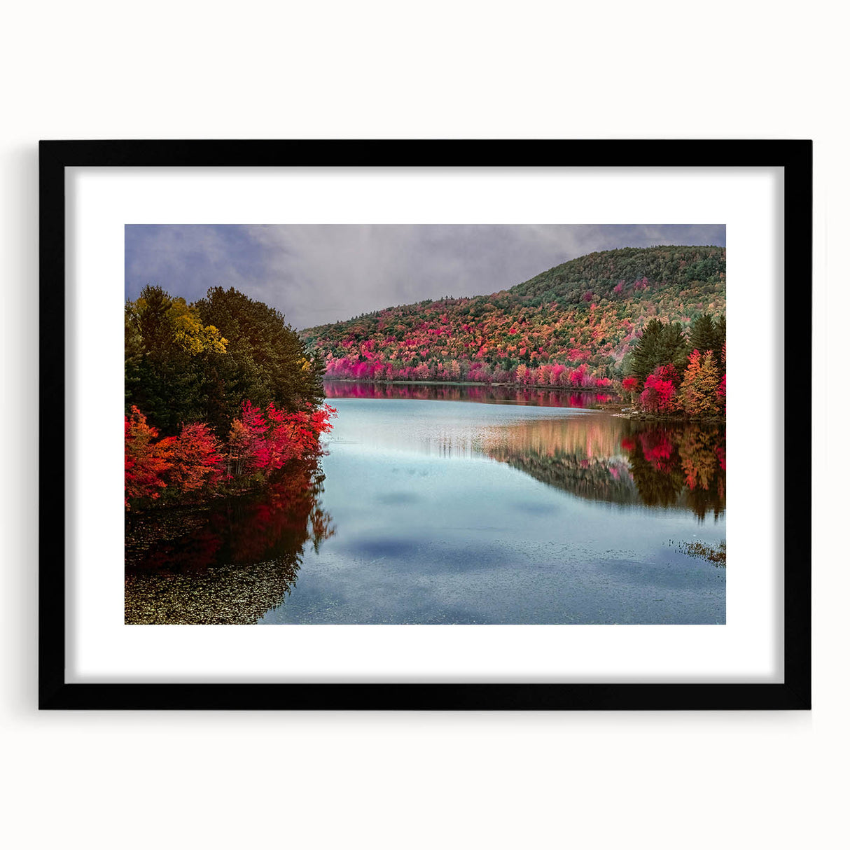 Extra large abstract art print of colorful, textured scenery, framed in black, ideal for living room decor.