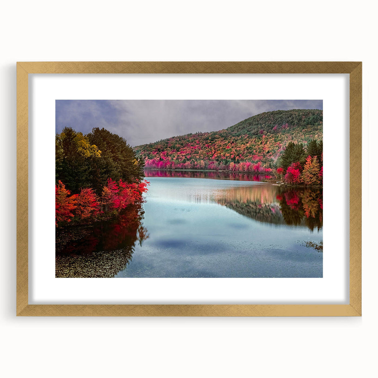 Extra large abstract art print of a textured Connecticut scenery in muted earth tones, framed in gold.