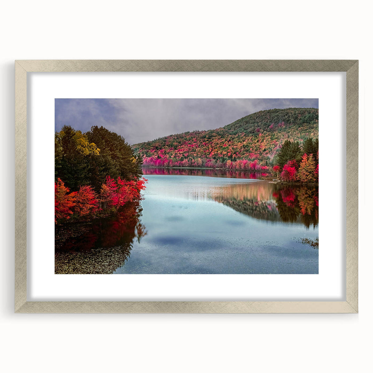 Textured abstract art print depicting a serene Connecticut landscape in muted green and blue tones on a framed silver mat.