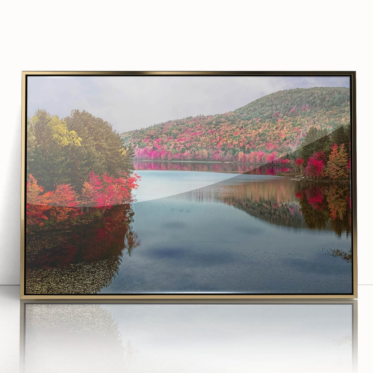 Large art print of a Connecticut landscape in muted green and blue tones, framed in gold acrylic.