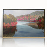 Large art print of a Connecticut landscape in muted green and blue tones, framed in gold acrylic.