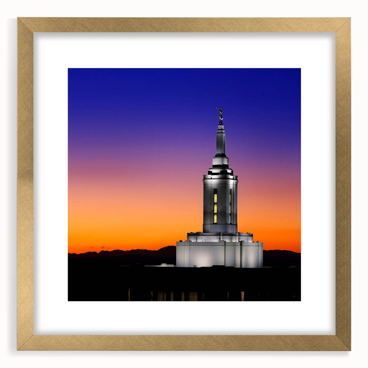 Extra large abstract art print of an Idaho scenery in textured tones of gold and blue, framed with a mat.