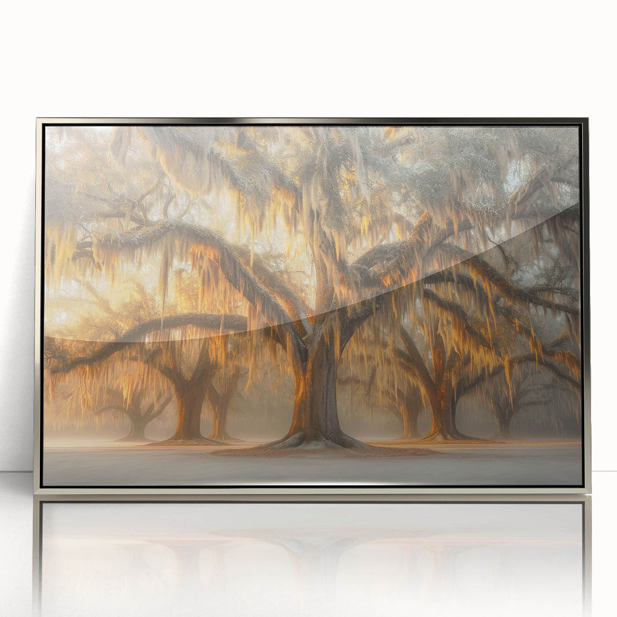 Mid-century modernist art depicting Louisiana scenery in muted earth tones on a silver-framed acrylic print.