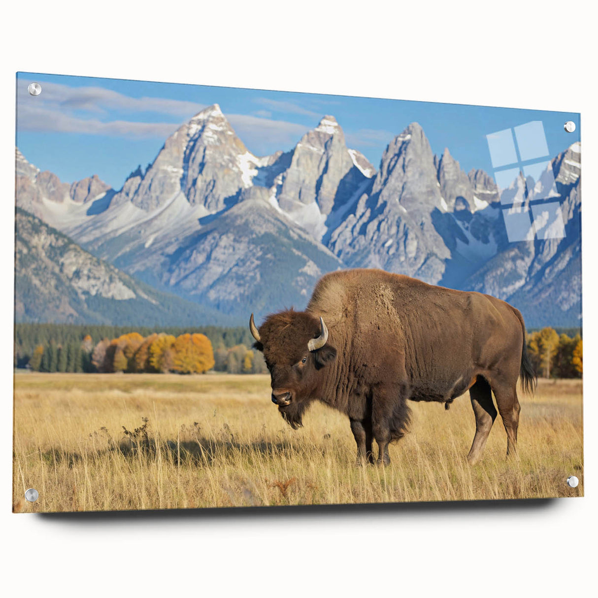 Acrylic print of the Grand Tetons with vibrant green and blue hues, ideal for bedroom or dining room decor.