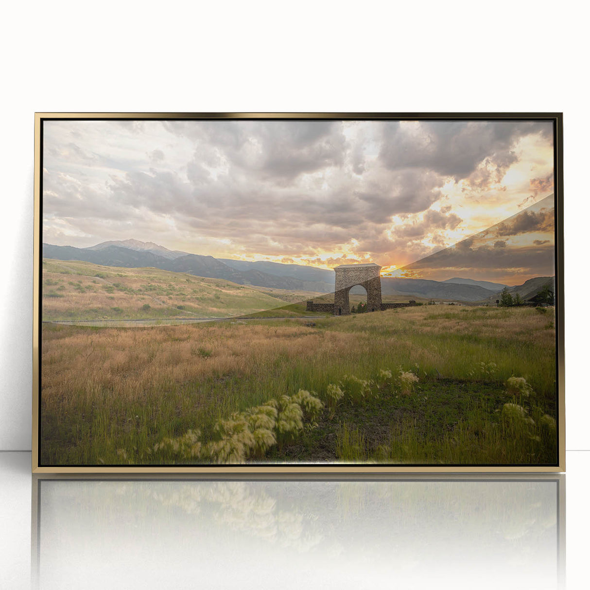 Yellowstone landscape on framed acrylic, featuring mid-century modernist style with gold and green tones.