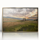 Yellowstone landscape on framed acrylic, featuring mid-century modernist style with gold and green tones.