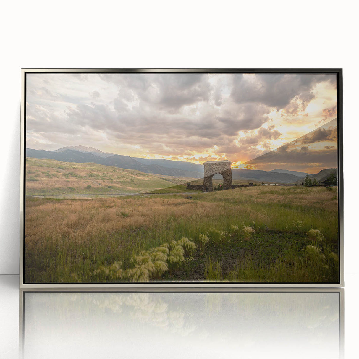 Mid-century modernist art depicting Yellowstone scenery in muted earth tones on a framed acrylic.