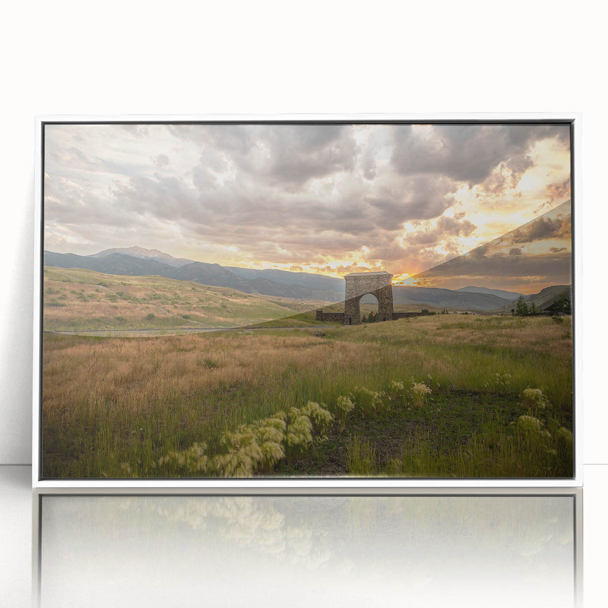 Acrylic print of Yellowstone scenery with vibrant green and blue tones, framed in white, ideal for modern nursery wall decor.