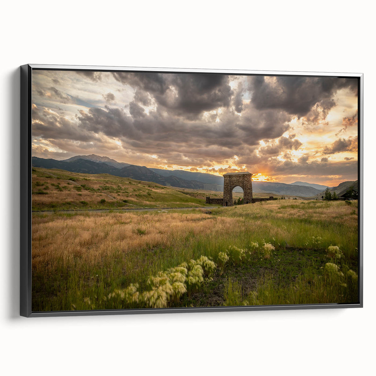 Black and white landscape art painting of Yellowstone on framed canvas, ideal for bedroom wall decor.
