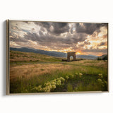 Framed canvas featuring a vintage-style landscape painting of Yellowstone, with muted earth tones.