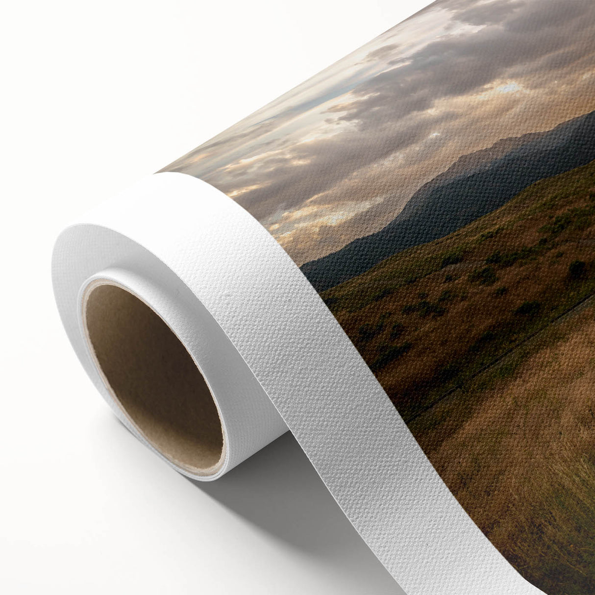 Art deco poster of Yellowstone scenery in muted green and blue tones on rolled canvas, ideal for nursery wall art.