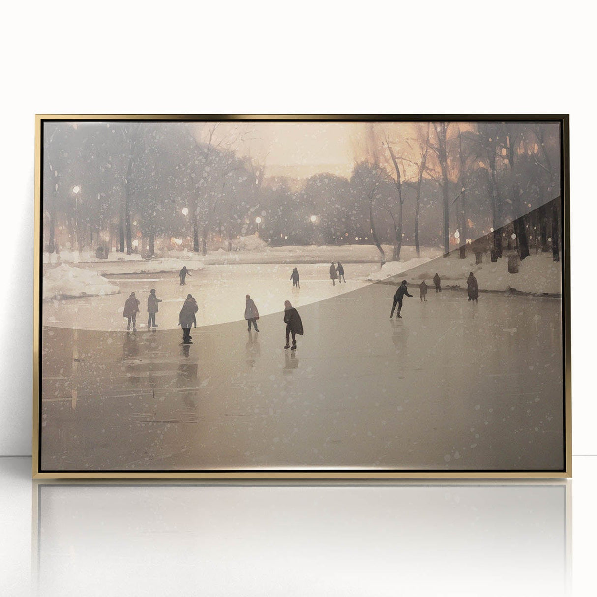 Mid-century modernist winter scene in muted blue and white tones on a large framed acrylic print.