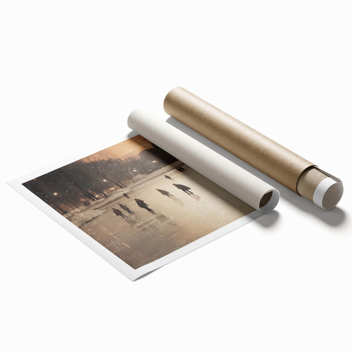 Rolled print of a winter-themed floral art in muted blue and white tones, suitable for classy bathroom wall art.