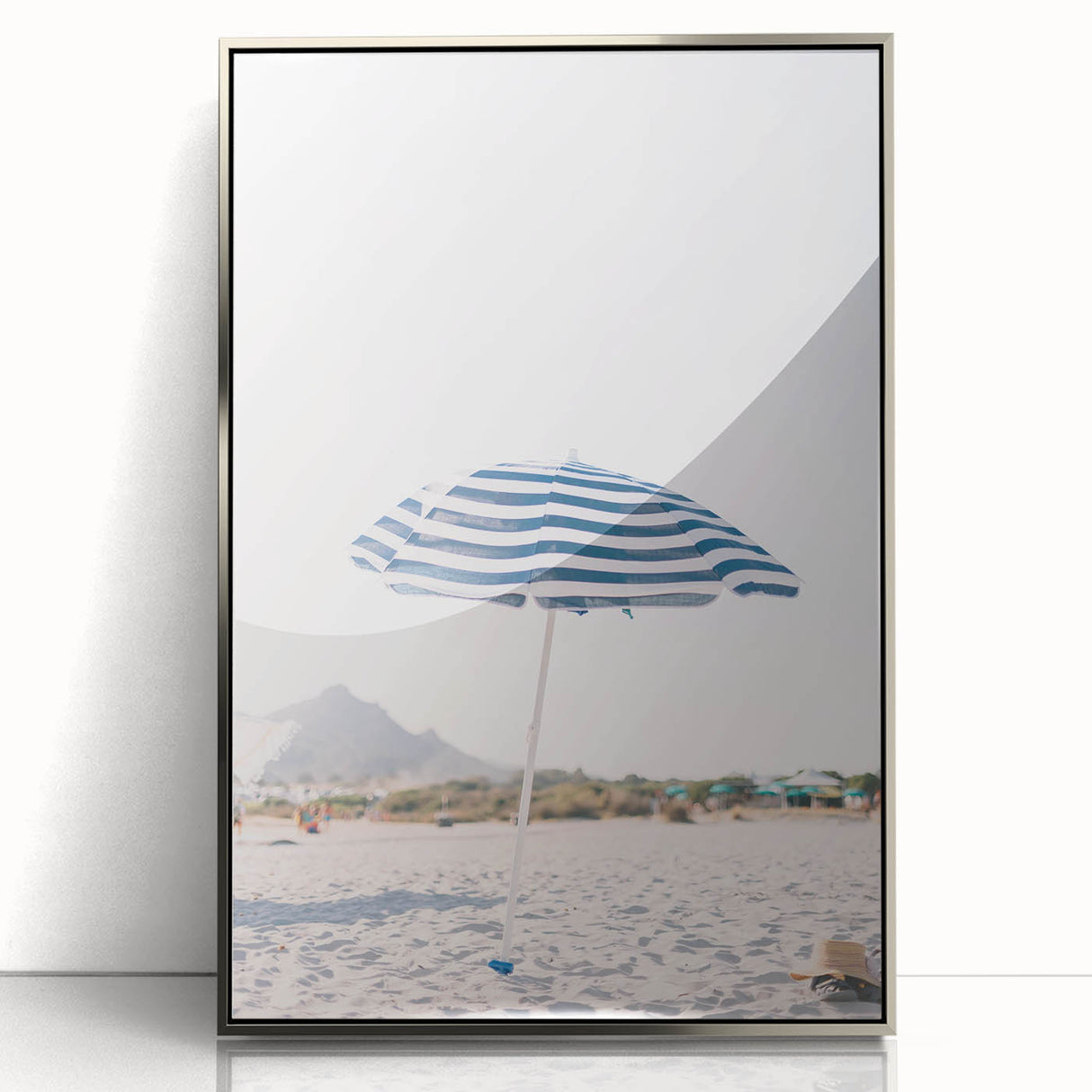 Mid-century modernist art deco poster in silver frame, featuring geometric shapes in pastel colors.