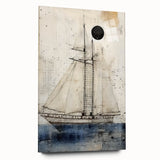 Large abstract wall art of a ship on acrylic glass, in cool blue and white tones, ideal for bedroom or dining room decor.
