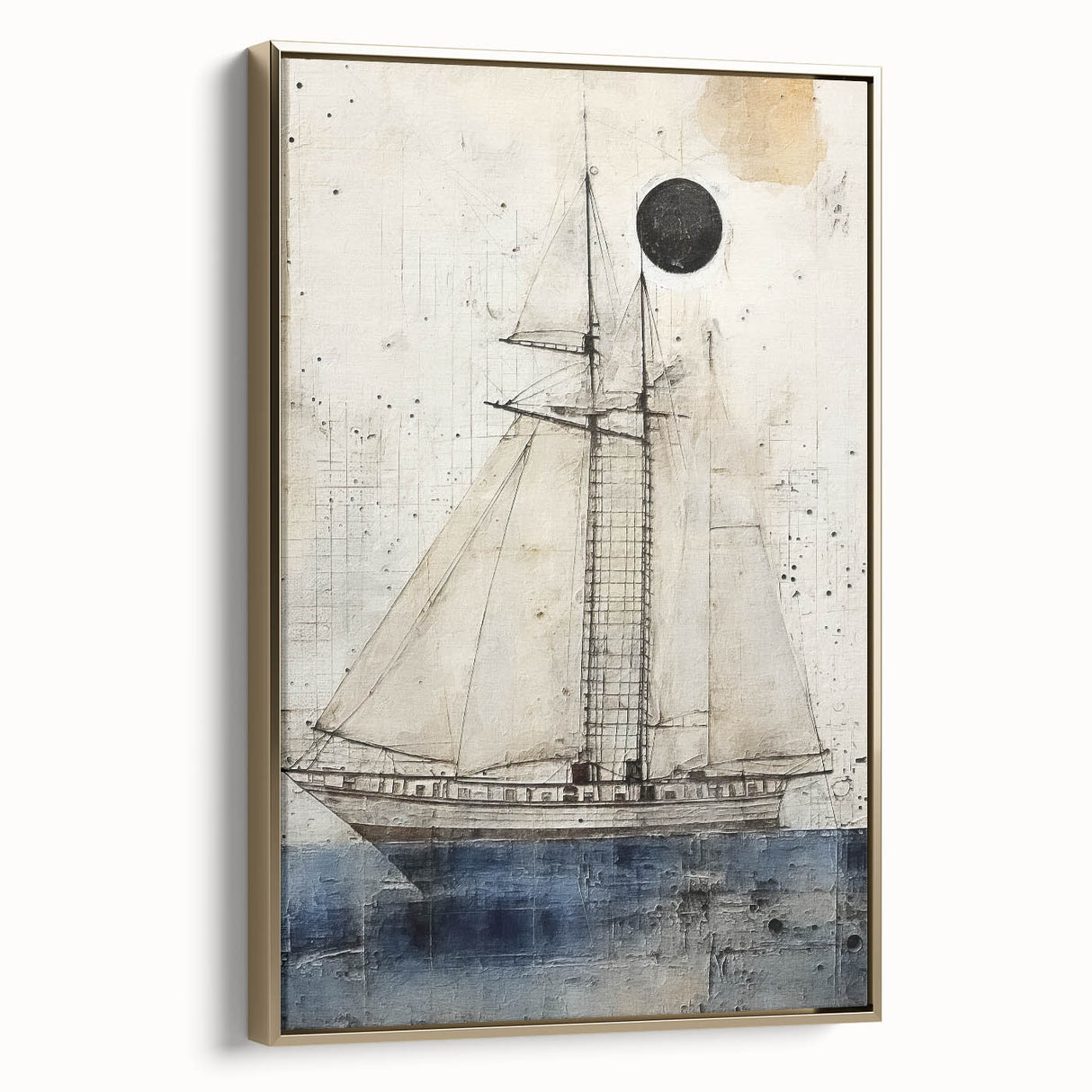 Side view of a vintage gold ship on black framed canvas, ideal for bedroom wall decor.