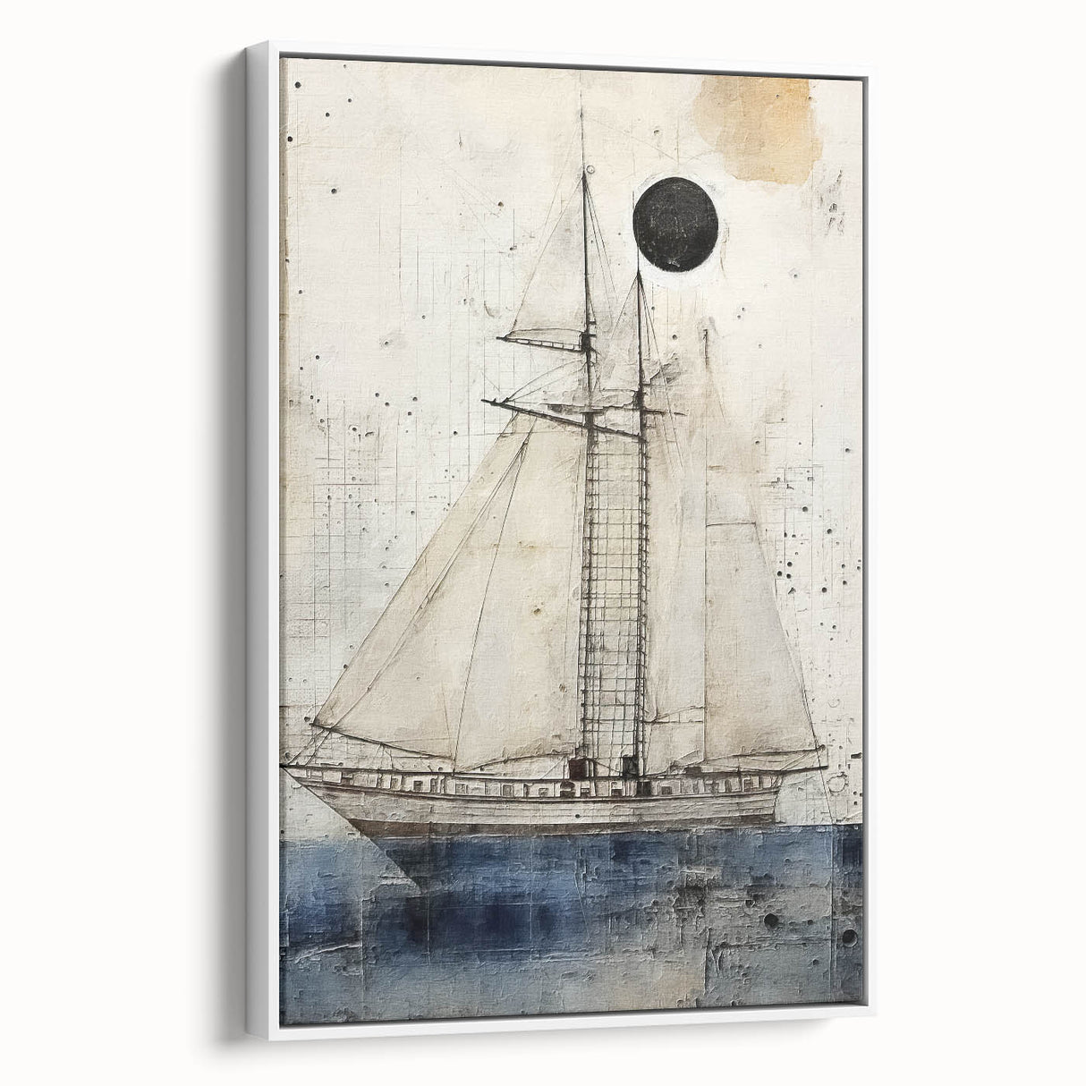 Vintage poster art of a ship, rendered in black with colorful accents on a large framed canvas, ideal for living room decor.