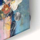 Close-up of an abstract floral acrylic glass artwork showcasing vibrant colors and intricate designs, ideal for modern home decor, emphasizing artistic elegance and contemporary style.