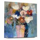Abstract floral acrylic glass artwork showcasing vibrant colors and intricate designs, presented in a side view to highlight depth and texture, ideal for modern decor.