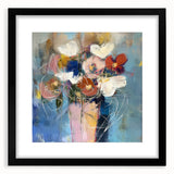 Abstract floral design framed in a sleek black mat, showcasing vivid colors and intricate patterns, ideal for modern home decor or office styling. Perfect for art enthusiasts seeking a vibrant and elegant touch to their space.