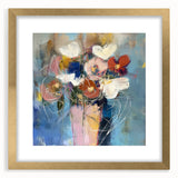 Abstract floral frame art in a gold mat, showcasing intricate designs and vibrant colors, perfect for modern decor or as a statement piece in any room.