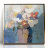 Framed acrylic artwork showcasing an abstract floral design in vibrant colors with gold accents, ideal for modern home decor or office spaces.