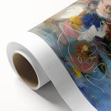 Abstract floral design on a rolled canvas showcasing vibrant colors and intricate patterns, ideal for modern home decor, packaged securely in a cardboard tube.
