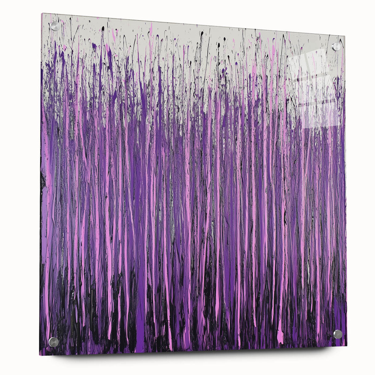 Abstract floral acrylic and glass artwork displayed from a side view, showcasing vibrant colors and intricate pin details, perfect for modern home decor.