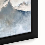 Abstract minimalist wall art in a sleek black frame, showcasing soft pastel colors and geometric shapes, perfect for modern home decor and artistic expression.
