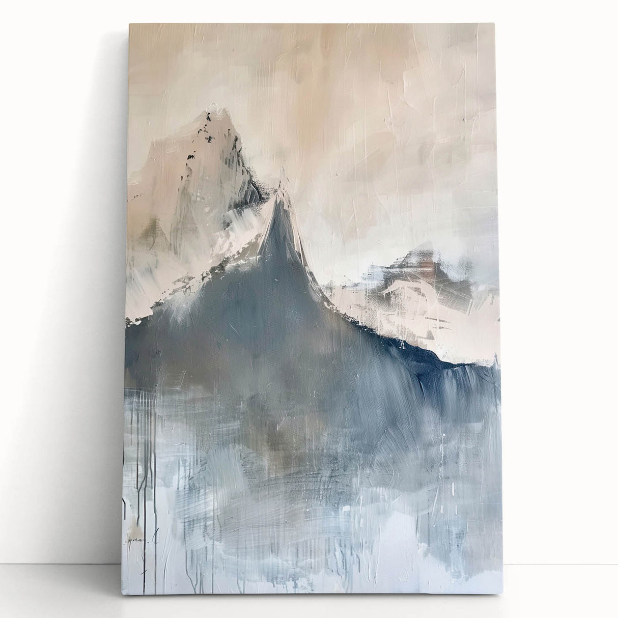Abstract minimalist wall art on stretched canvas, featuring soft pastel colors and geometric shapes, leaning against a white wall in a modern setting.