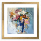 Elegant gold-framed abstract floral artwork with a mat, featuring vibrant colors and intricate designs, perfect for enhancing modern home decor. This piece combines artistic flair with sophistication, making it an ideal accent for living spaces or offices.