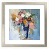 Abstract floral framed artwork with a silver mat, showcasing vibrant colors and intricate designs, perfect for modern home decor or gallery displays.