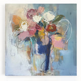 Abstract floral stretched canvas artwork showcasing vibrant colors of pink, orange, and green, ideal for modern decor. Perfect for brightening up living spaces.