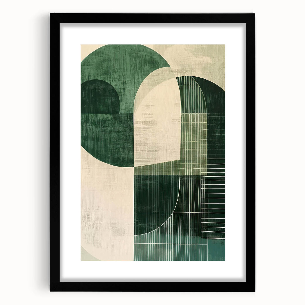 Abstract minimalist wall art featuring a black frame and mat, showcasing geometric patterns in neutral tones, perfect for modern home decor. Ideal for enhancing contemporary interiors with elegance and sophistication.
